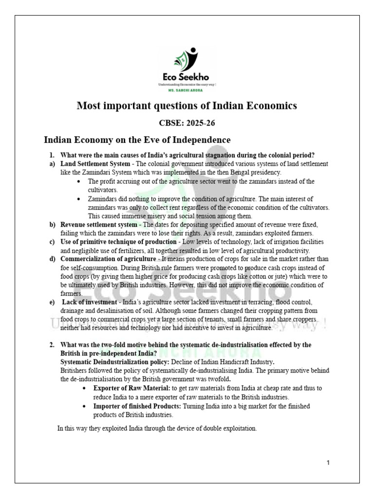 Most Important Questions of Indian Economics 2025-26 | PDF | Cost Of ...