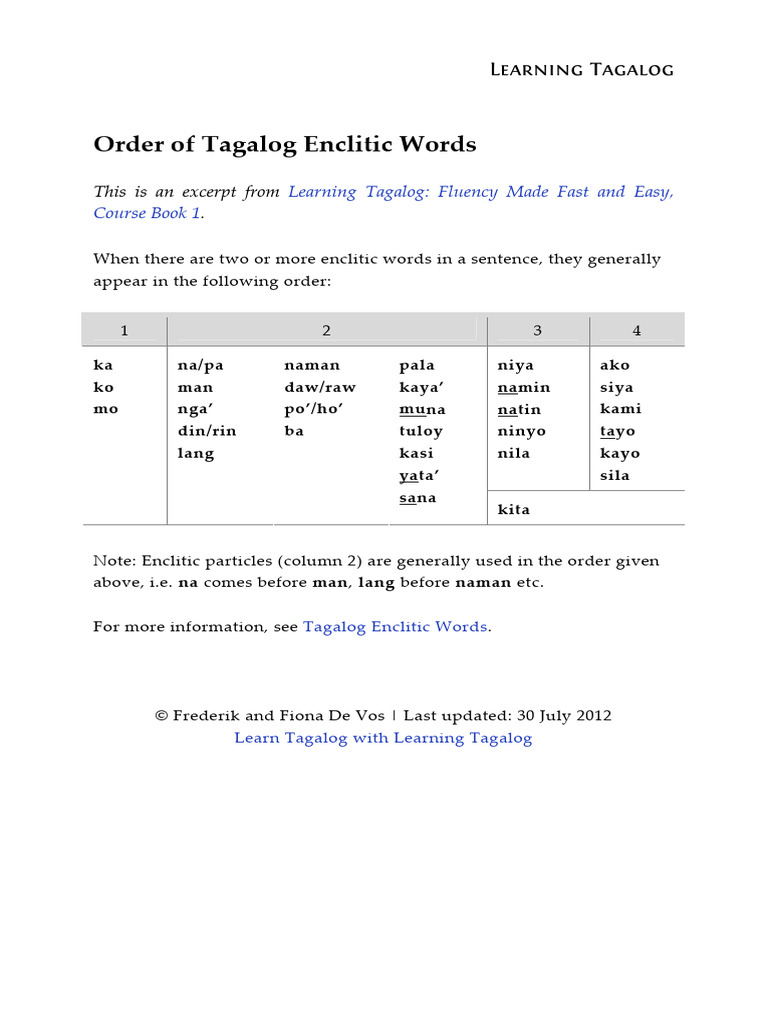 Order of Tagalog Enclitic Words | PDF