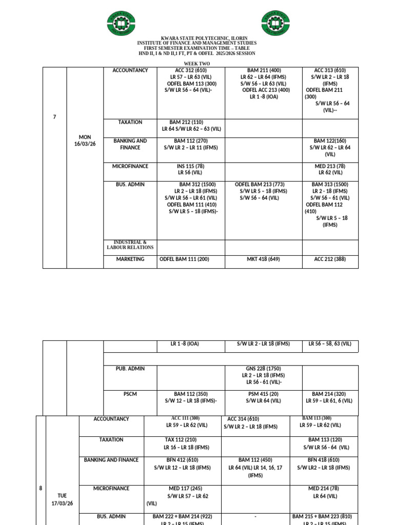 Ifms Exam Timetable (WK 2) | PDF | Qualifications | Vocational Education