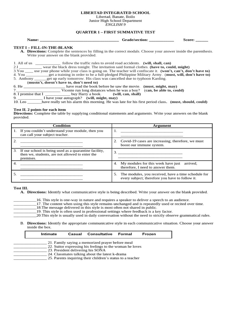 First Summative Test in English 9 | PDF