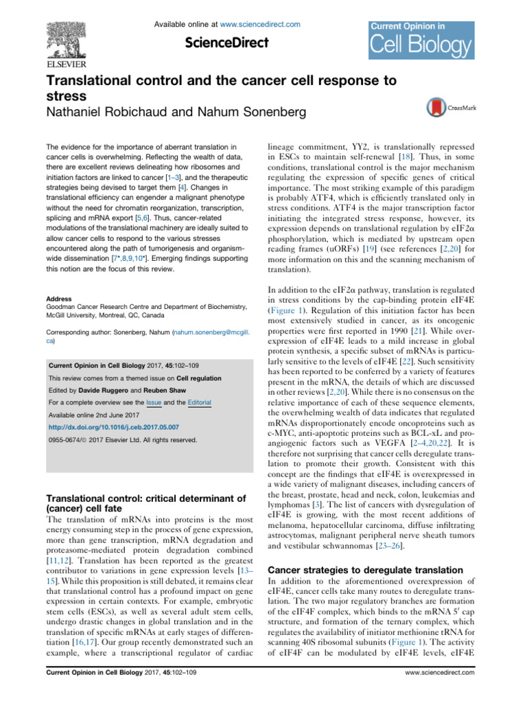 Translational Control and The Cancer Cell Response To Stress | PDF ...