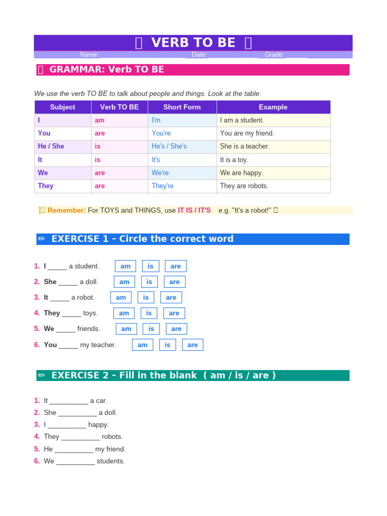 Verb to Be Worksheet | PDF | Subject (Grammar) | Languages