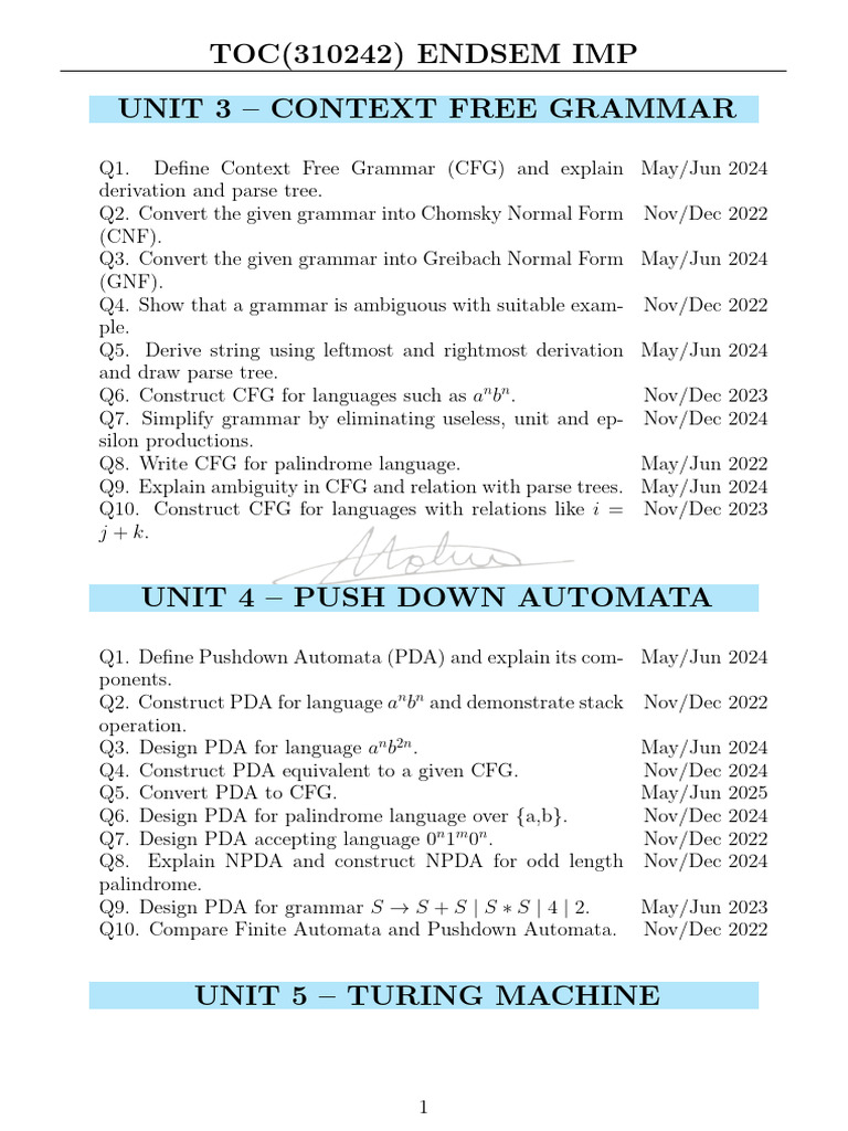 Toc Endsem Imp | PDF | Mathematical Logic | Computer Science