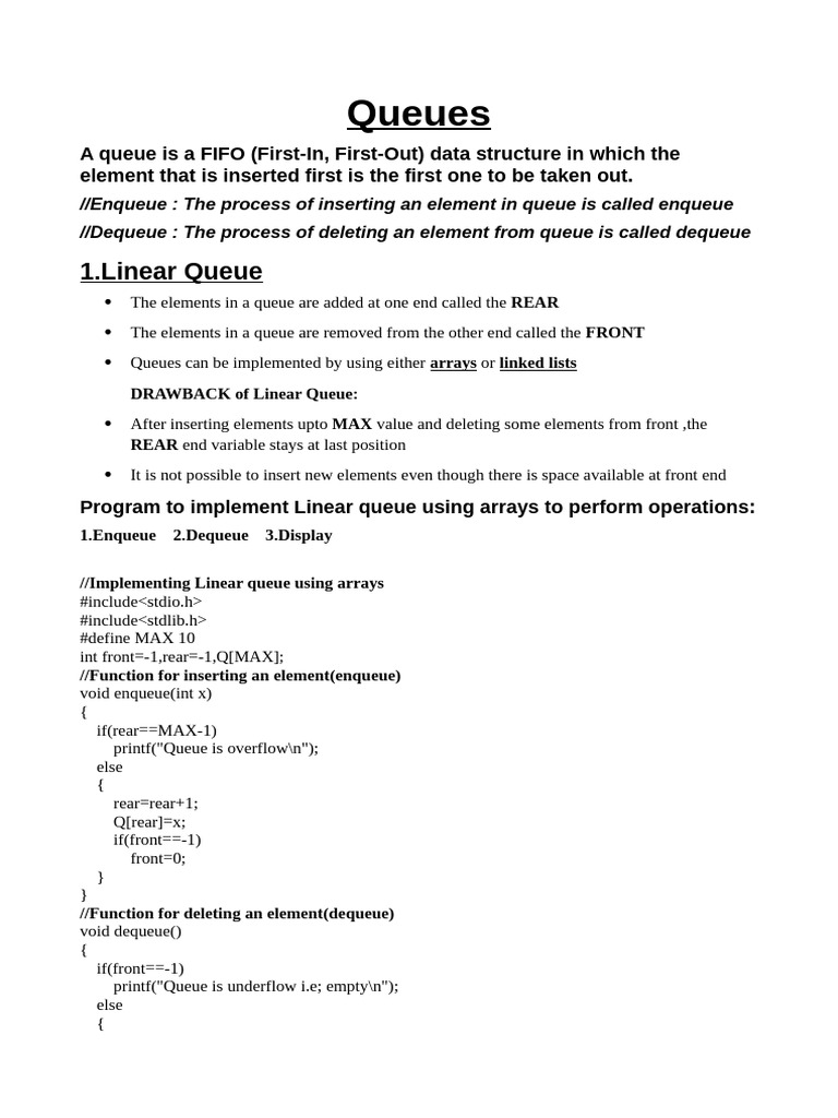 Programs on Linear,Circular Queues&Deques | PDF | Queue (Abstract Data ...