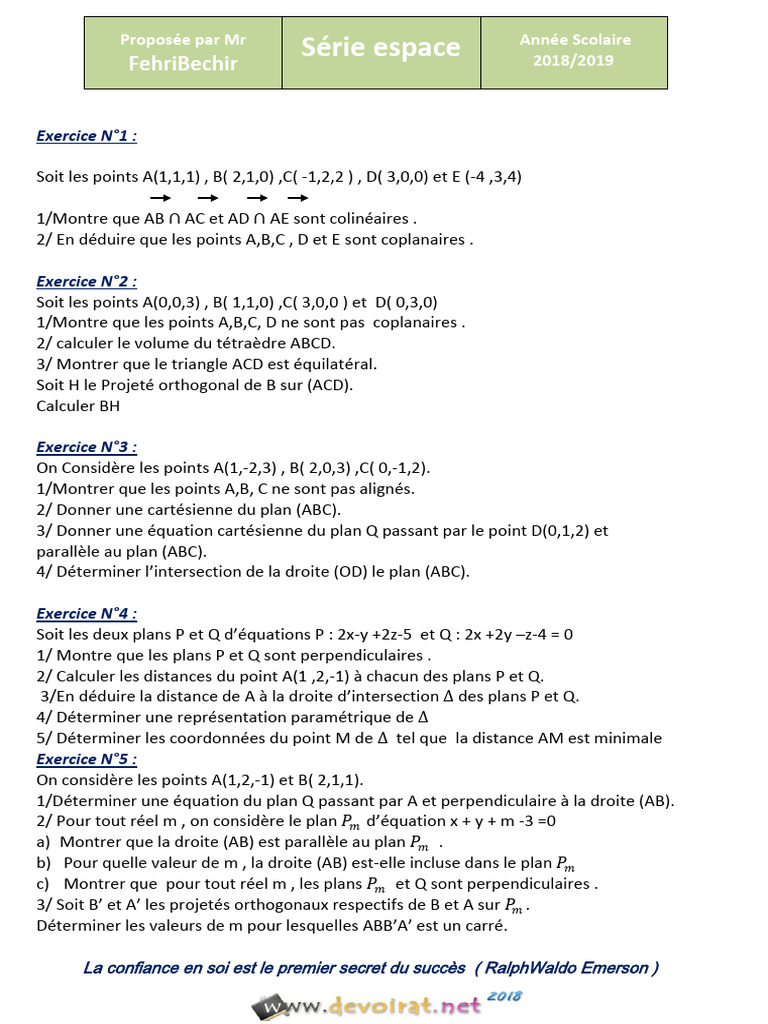 Série D'exercices N°2 - Math - Espace - Bac Toutes Sections (2018-2019 ...