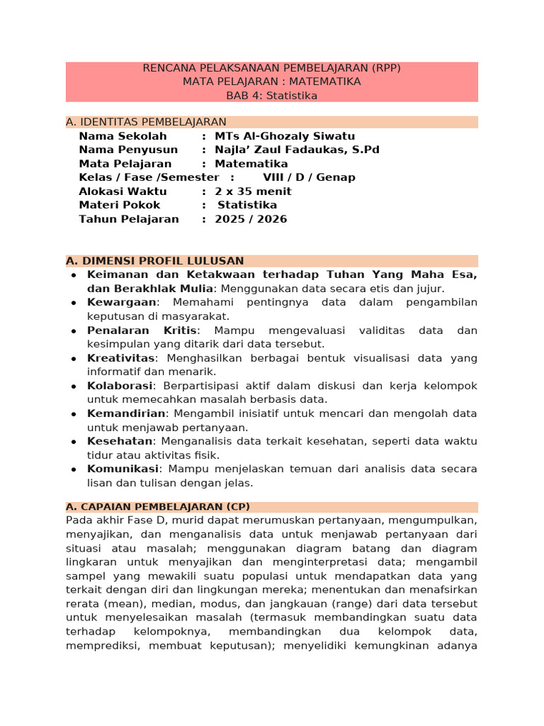 RPP SSK Matematika MTS Al-Ghozaly | PDF