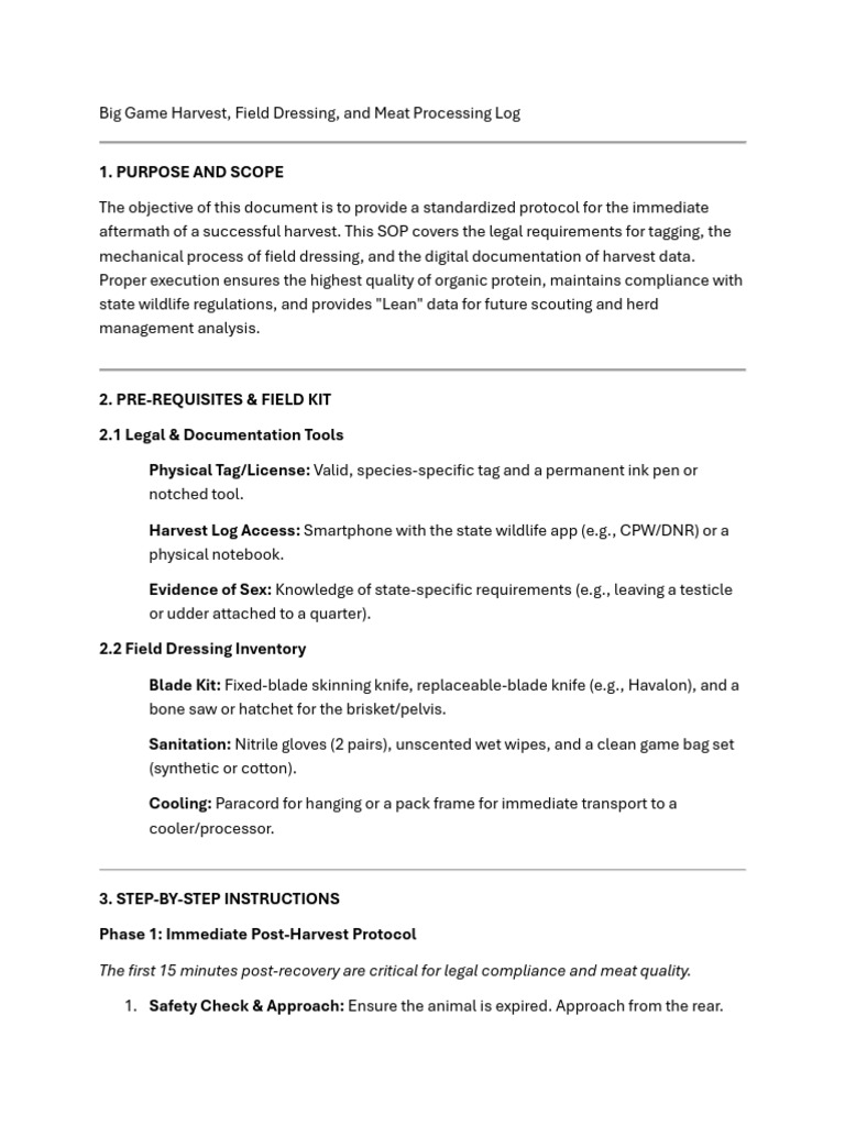 Big Game Harvest, Field Dressing, and Meat Processing Log | PDF | Meat
