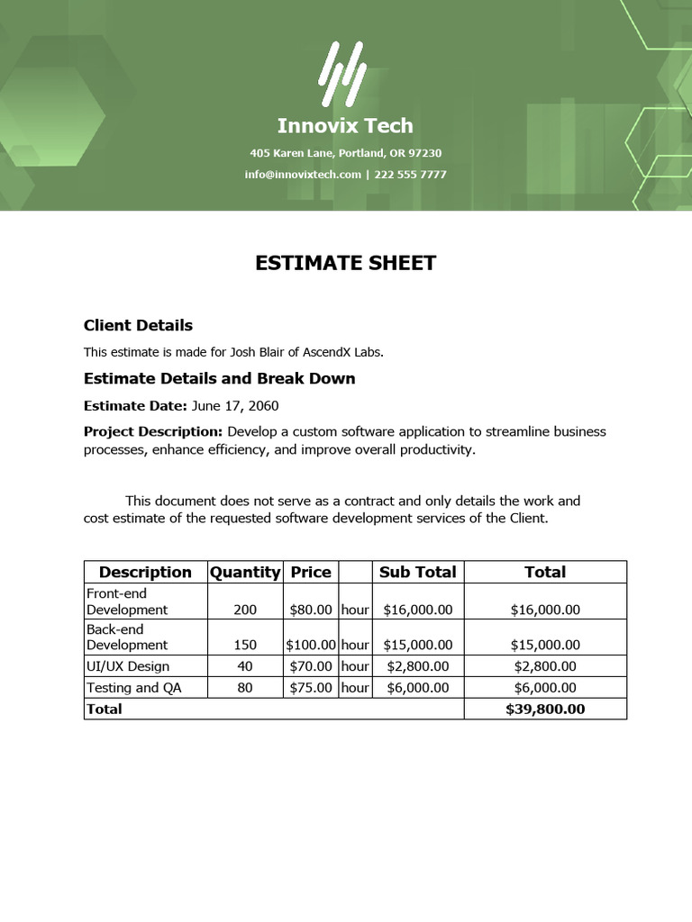 Estimate Sheet Template | PDF