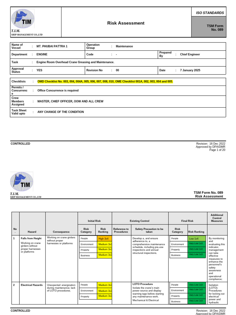 TSM Form 089 - Risk Assessment Engine Room Overhead Crane Greasing and ...