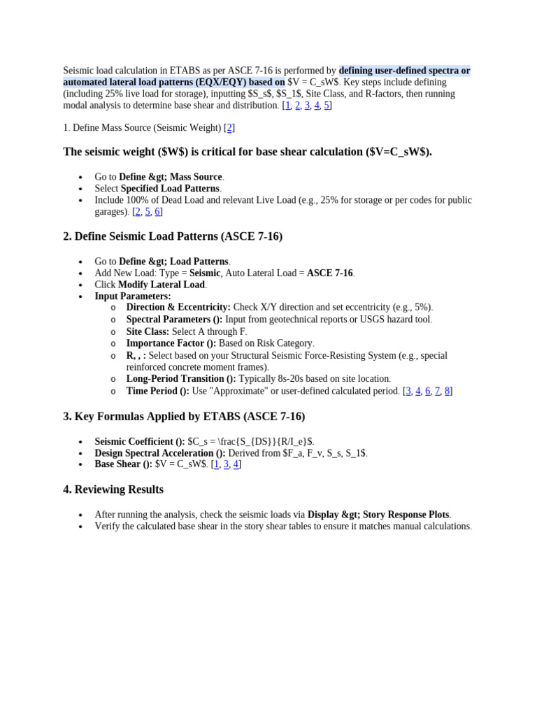 Seismic Load Calculation in ETABS As Per ASCE 7 | PDF