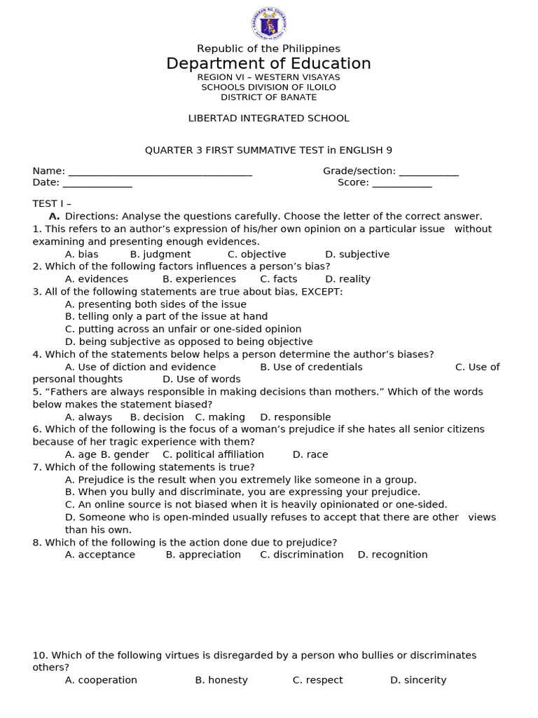 Q3 W1 Summative Test | PDF | Bias