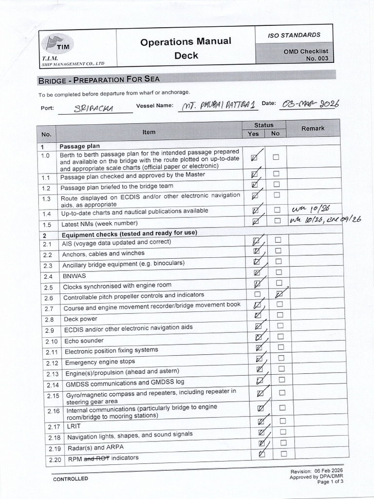 OMD Checklist 003 Preparation For Sea | PDF