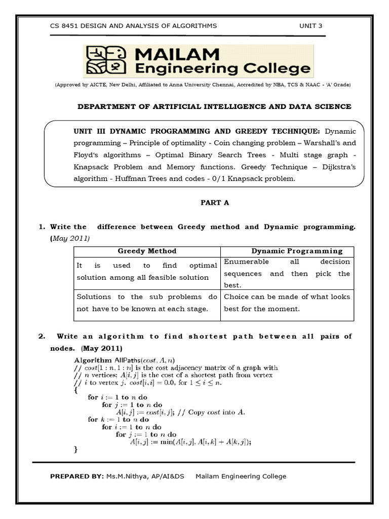 DAA Unit 3 Aug 2024 | PDF | Dynamic Programming | Mathematical Optimization