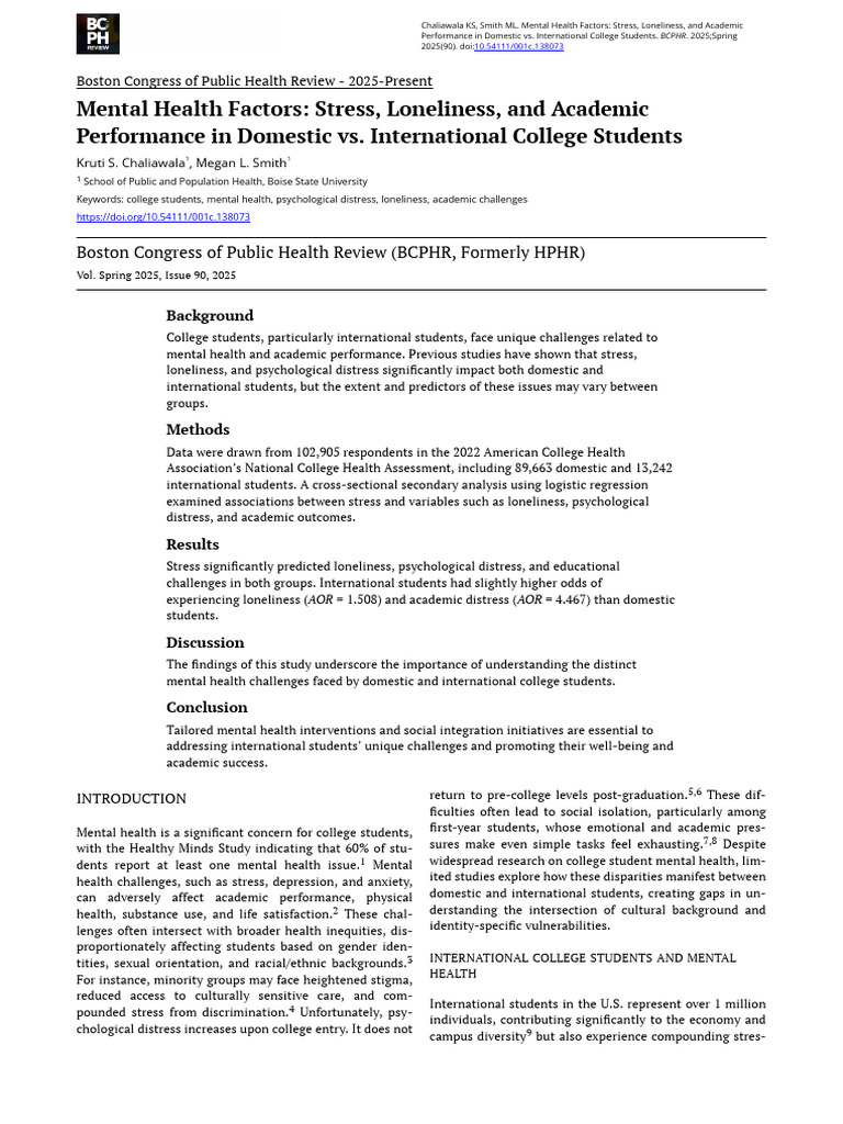 Mental Health Factors Stress Loneliness and Academic Performance in ...