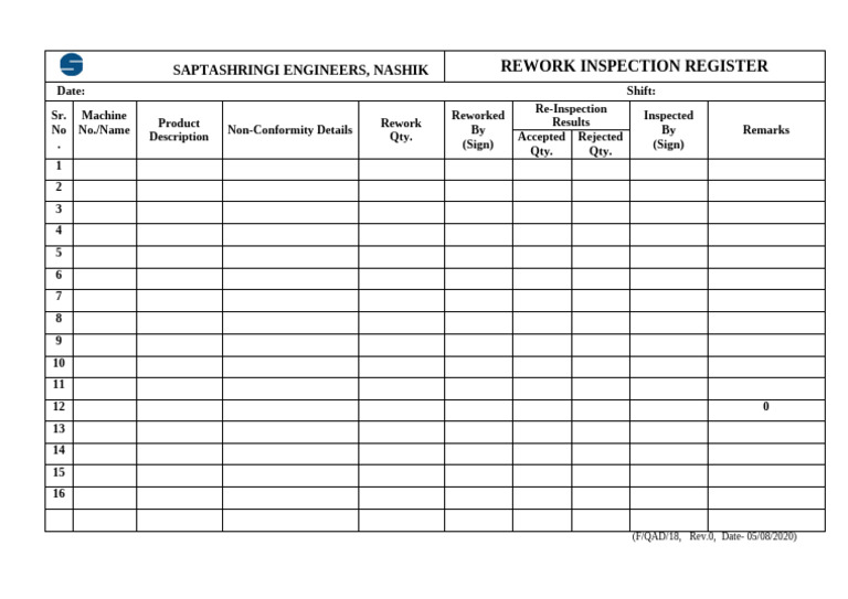 F-QAD-18 Rework Inspection Register | PDF