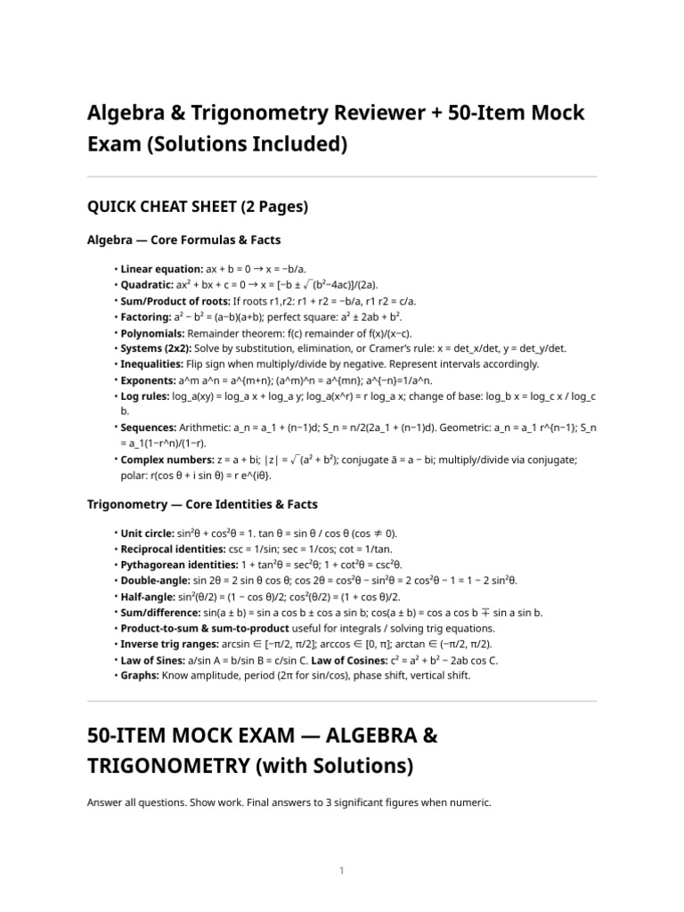 Algebra & Trigonometry Reviewer + 50-Item Mock (With Solutions) | PDF ...