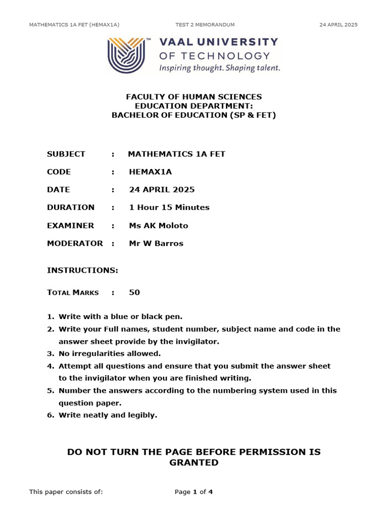 Mathematics 1a Fet Test 2 Memorandum-1 | PDF | Logarithm | Mathematical ...