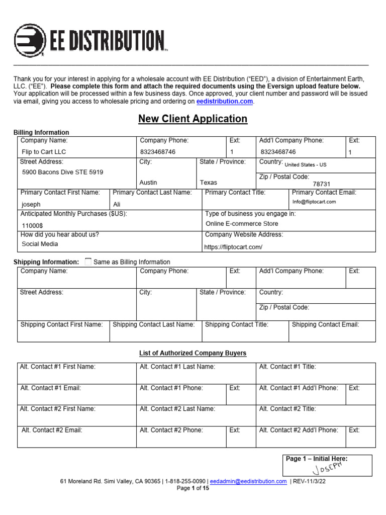 (Completed) EE Distribution New Client Agreement | PDF | Indemnity ...