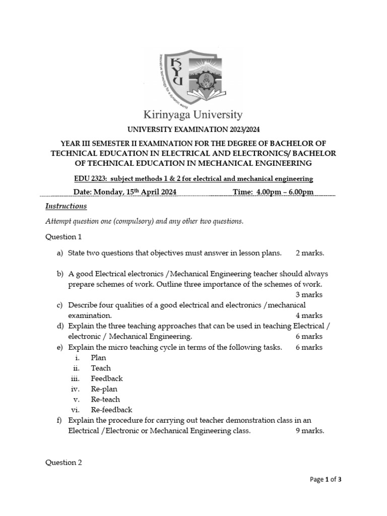 EDU 2323 Subject Methods 1 2 For Electrical and Mechanical Engineering ...