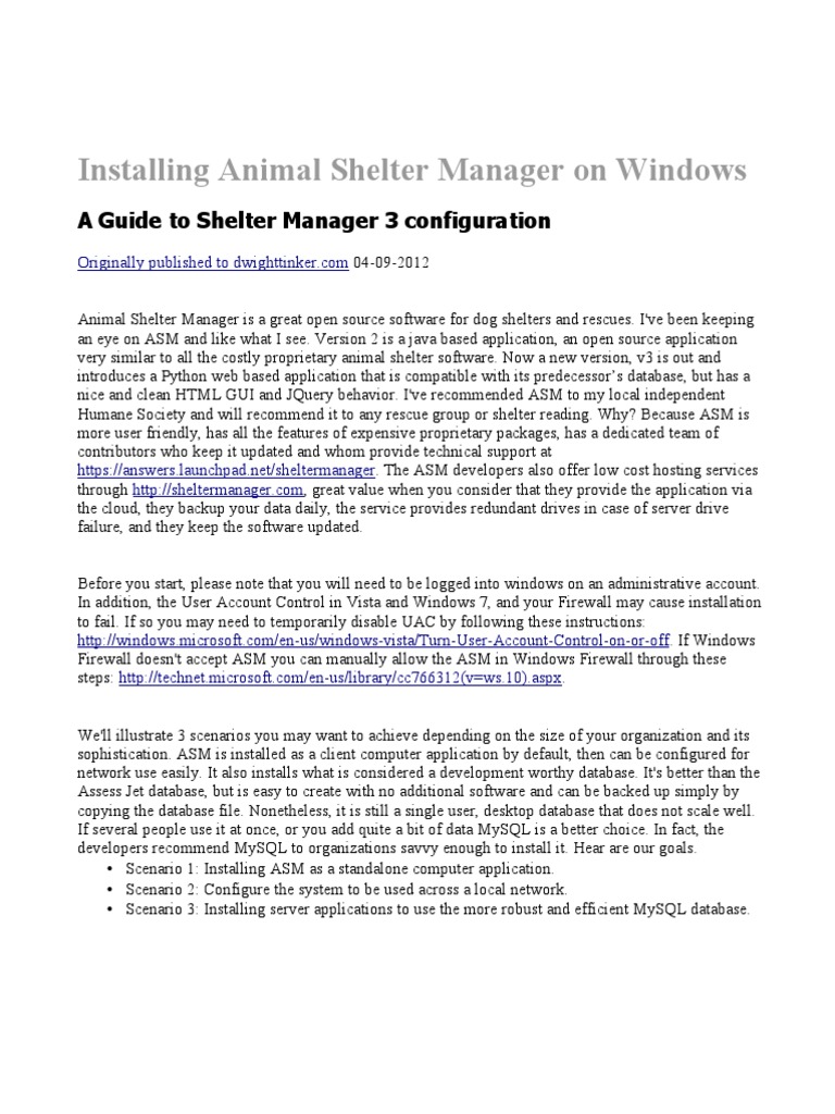 Installing Animal Shelter Manager 3 On Local Windows Networks | PDF