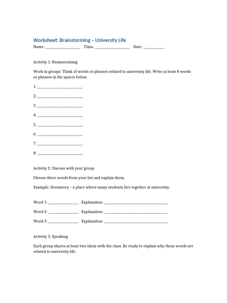 University Life Brainstorming Worksheet | PDF