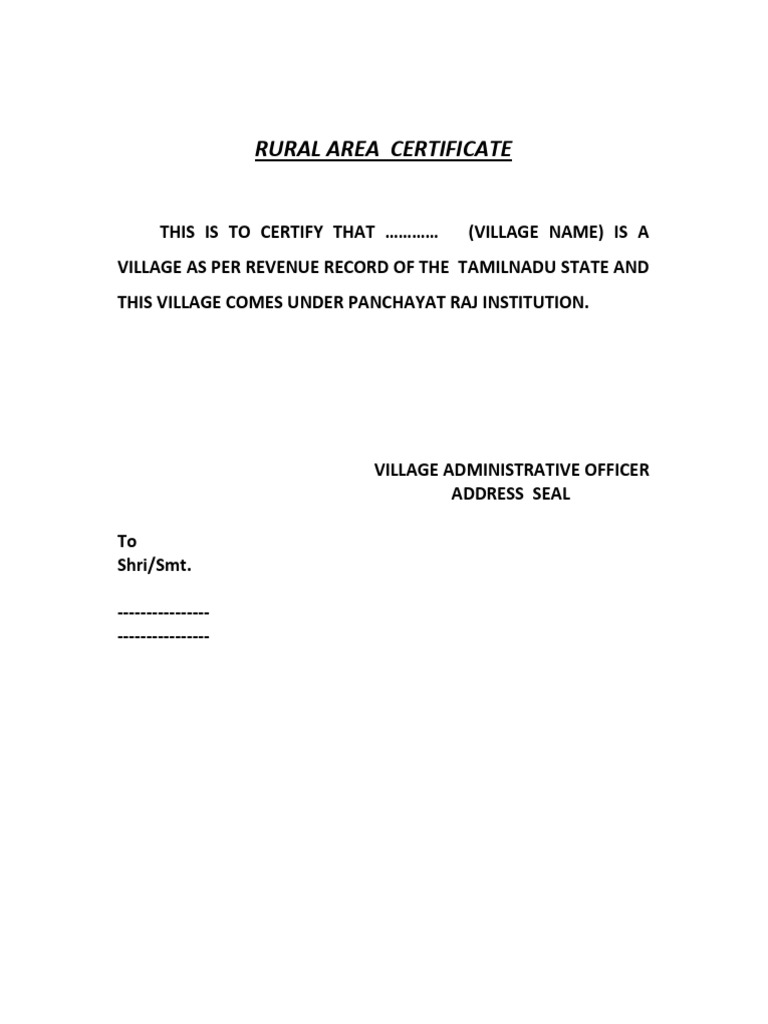 Rural Area Certificate Form | PDF