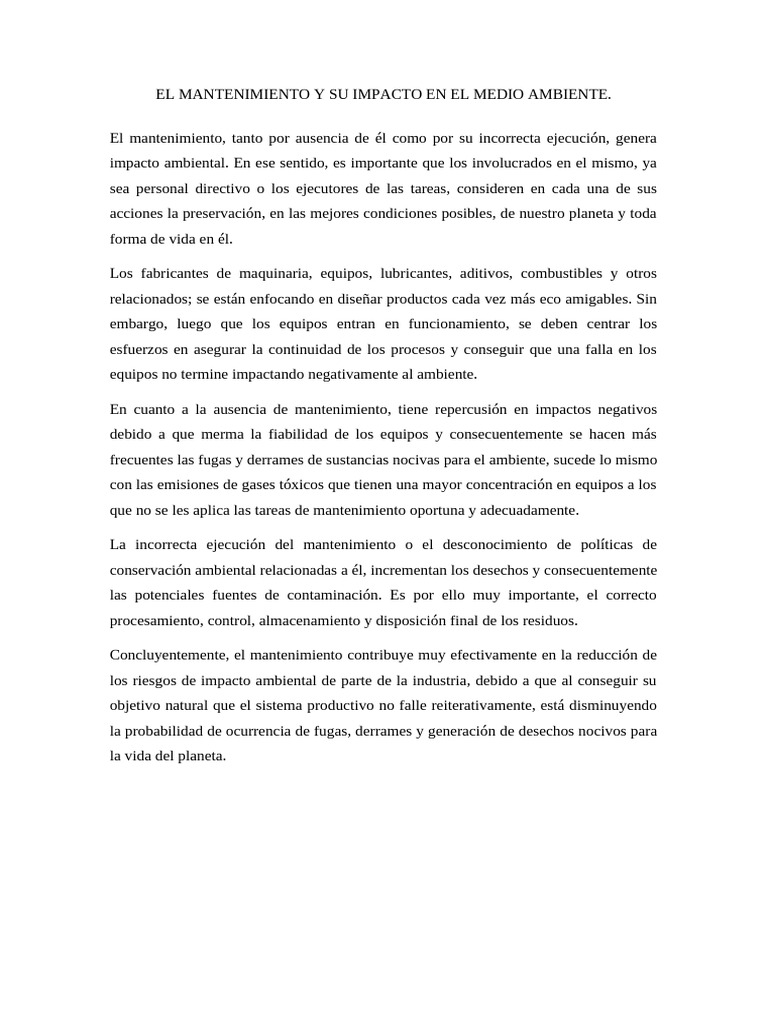 El Mantenimiento y Su Impacto en El Medio Ambiente | PDF