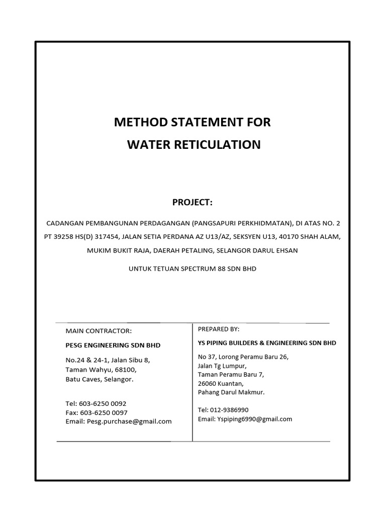 Method Statement For Water Reticulation | PDF | Safety | Personal ...