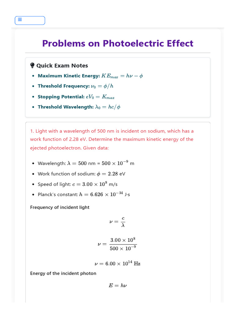 Problems On Photoelectric Effect - Solved Numericals With Solutions ...