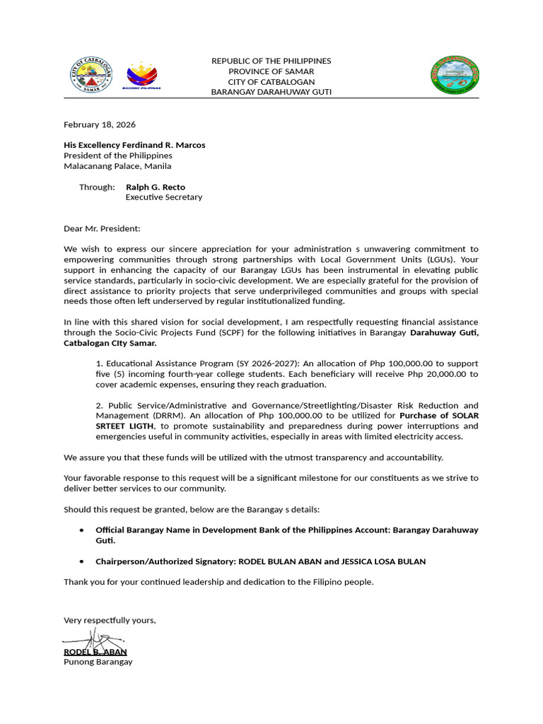 Request Letter To PBBM (Darahuway Guti) | PDF | Philippines