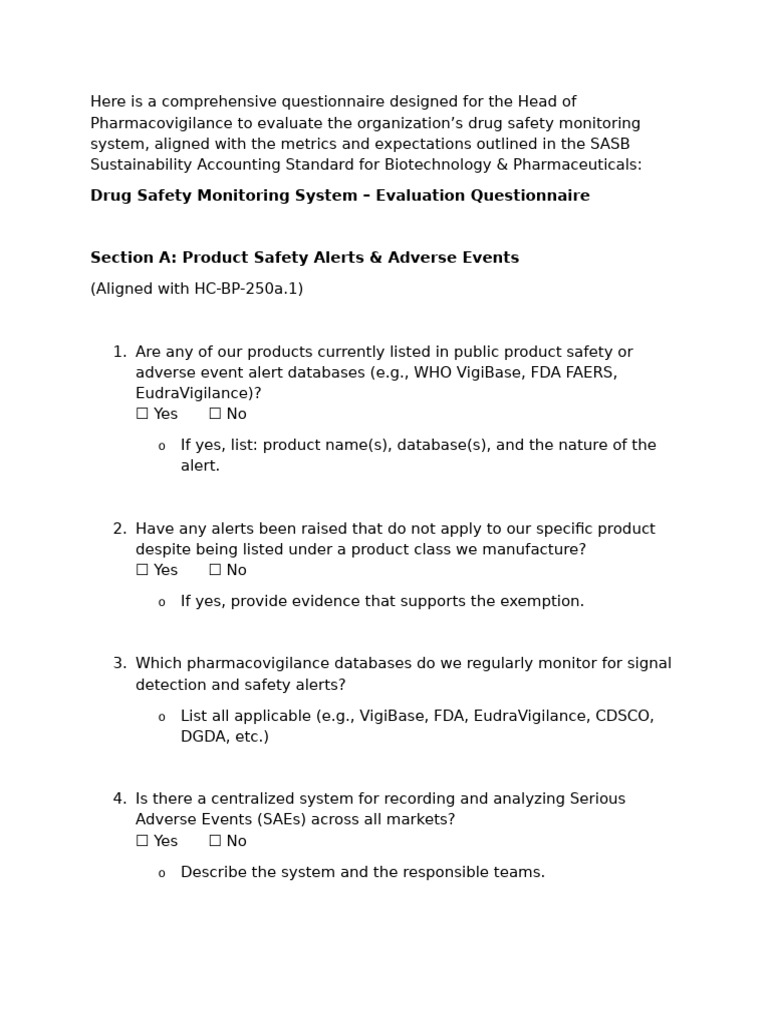 Drug Safety Monitoring System - Evaluation Questionnaire | PDF ...