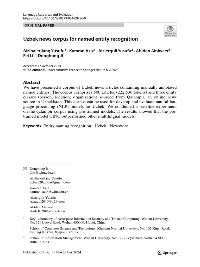 Uzbek News Corpus For Named Entity Recognition | PDF | Deep Learning ...
