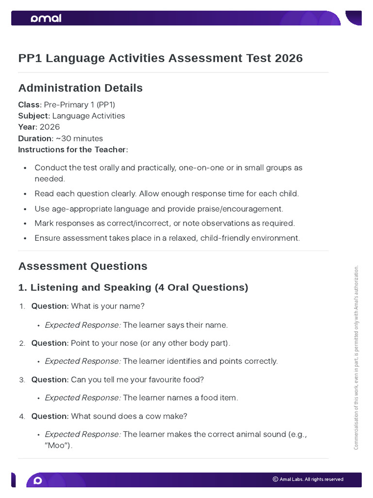 PP1 Language Activities Assessment Test | PDF | Learning | Human ...