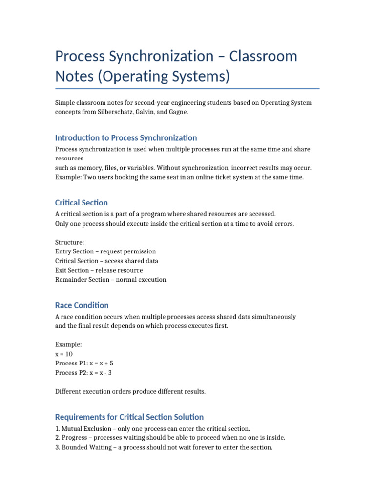 Process Synchronization - Classroom Notes (Operating Systems) | PDF ...