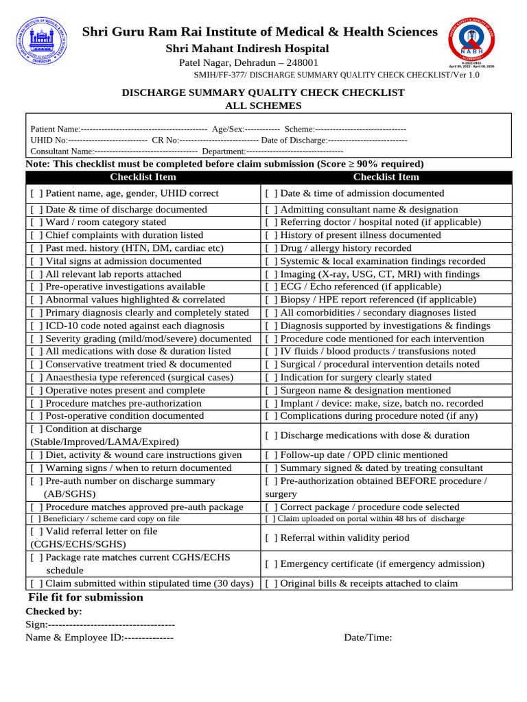 Discharge Summary Checklist | PDF | Surgery | Medical Diagnosis