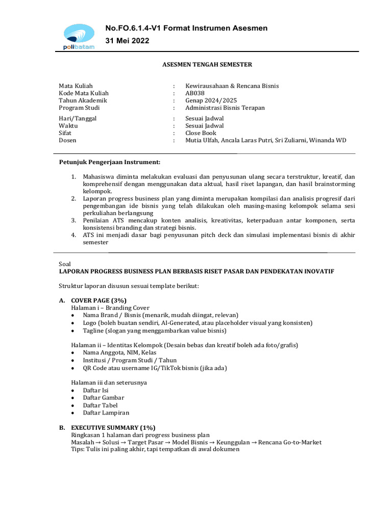 No - Fo.6.1.4-V1 Format Instrumen Asesmen UTS KWU ABT Genap 2024 | PDF
