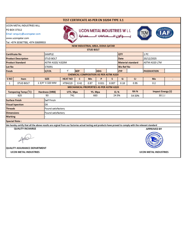 Test Certificate As Per en 10204 Type 3.1 | PDF | Physical Sciences ...