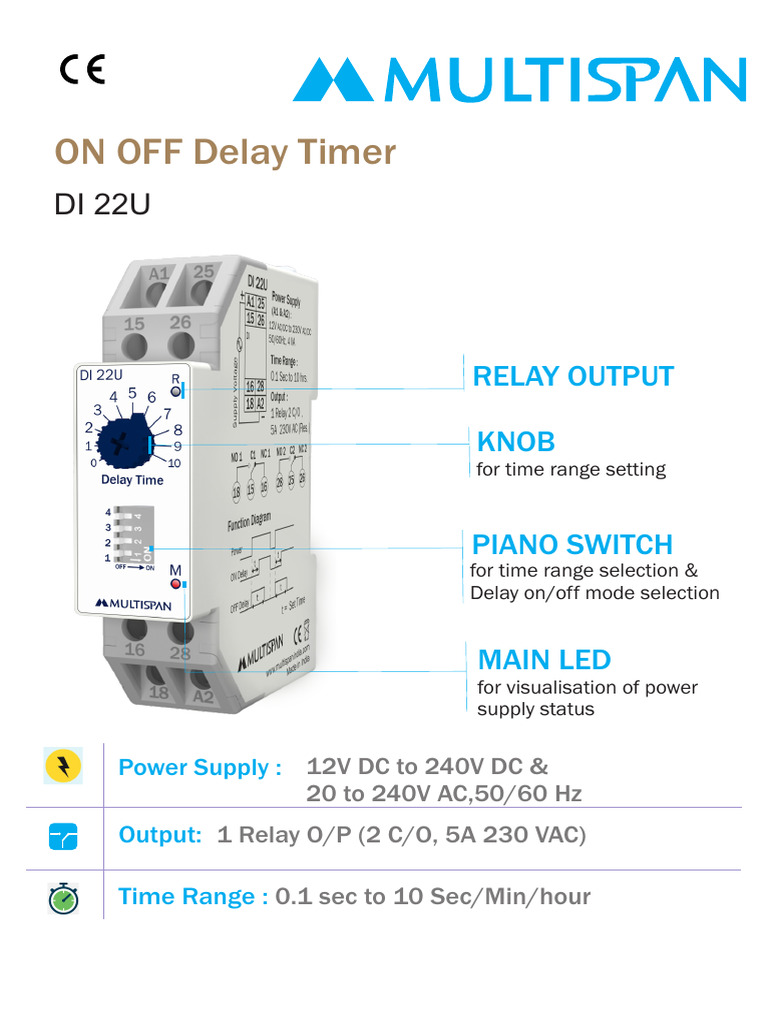 Di 22u 00 on Off Delay Timer Universal Supply and Time Range Multispan ...