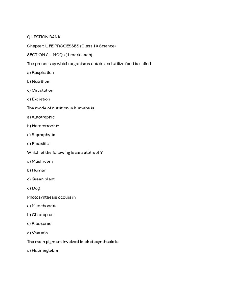 Life Processes Printable Worksheet | PDF | Photosynthesis | Digestion