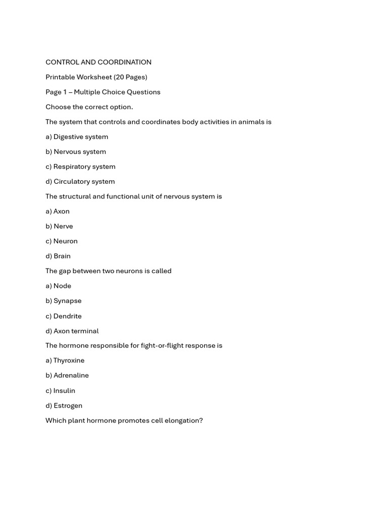 Printable Control and Coordination | PDF | Hormone | Endocrine System