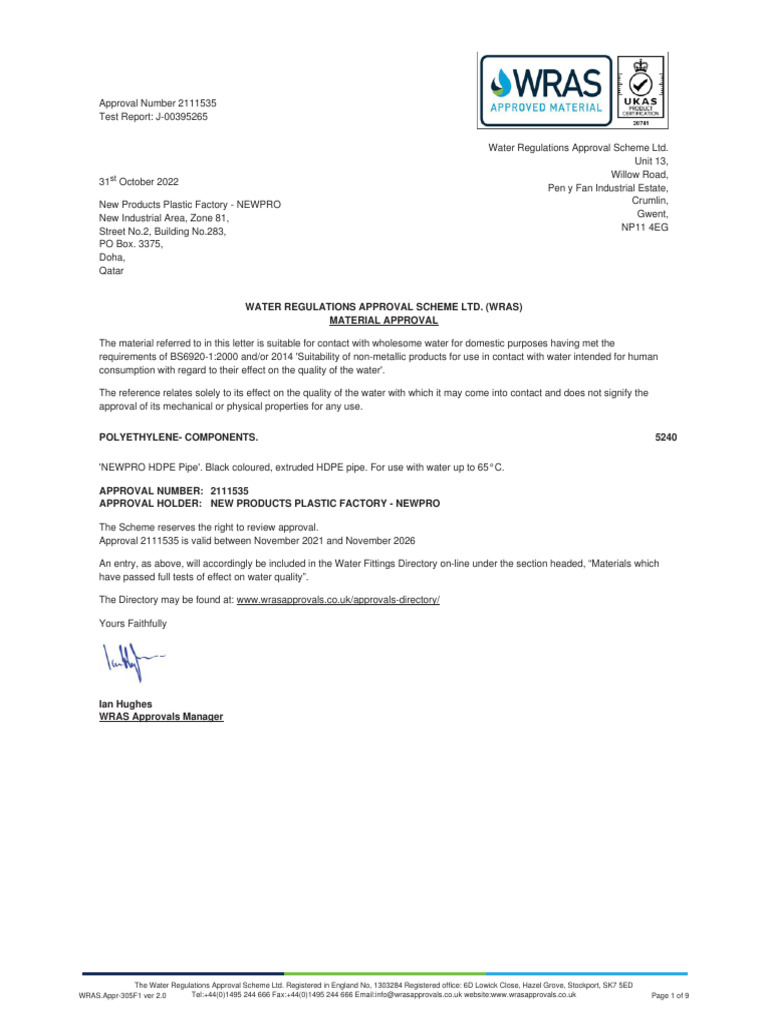 WRAS Approval Letter | PDF