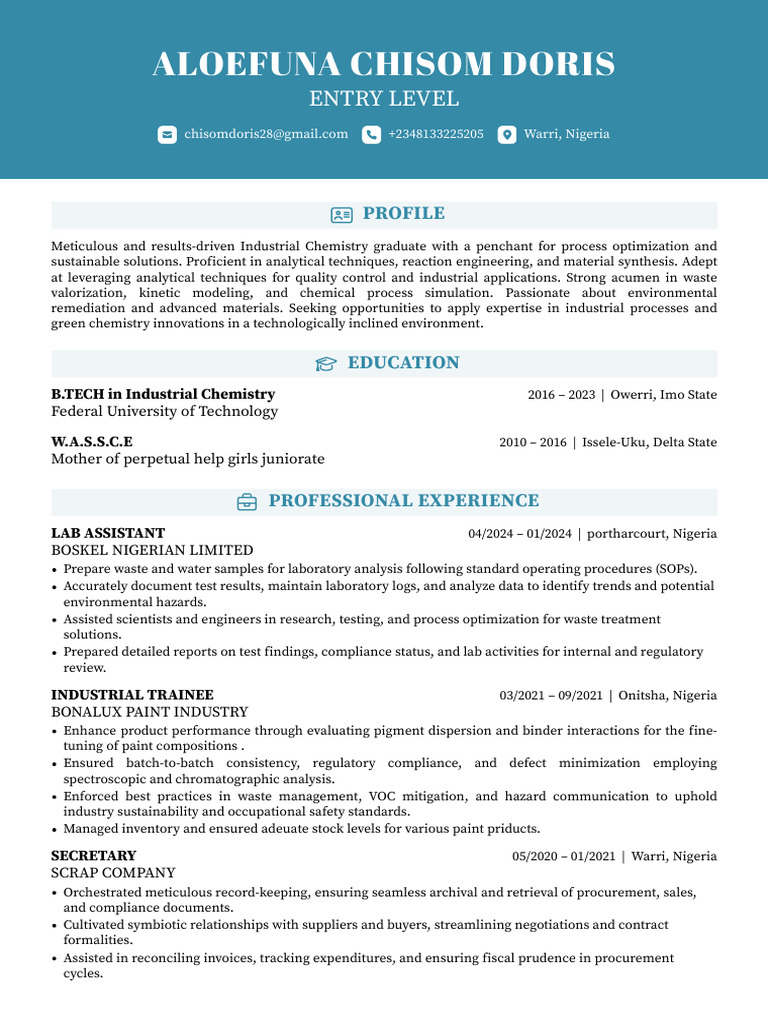 ALOEFUNA CHISOM DORIS FlowCV Resume 20250203 | PDF | Laboratories | Paint