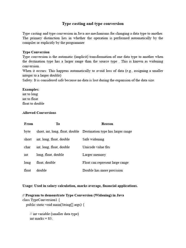 Type Casting and Type Conversion in Java | PDF | Data Type | Integer ...