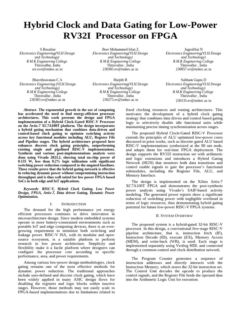 Hybrid Clock and Data Gating For Low-Power RV32I Processor On FPGA | PDF