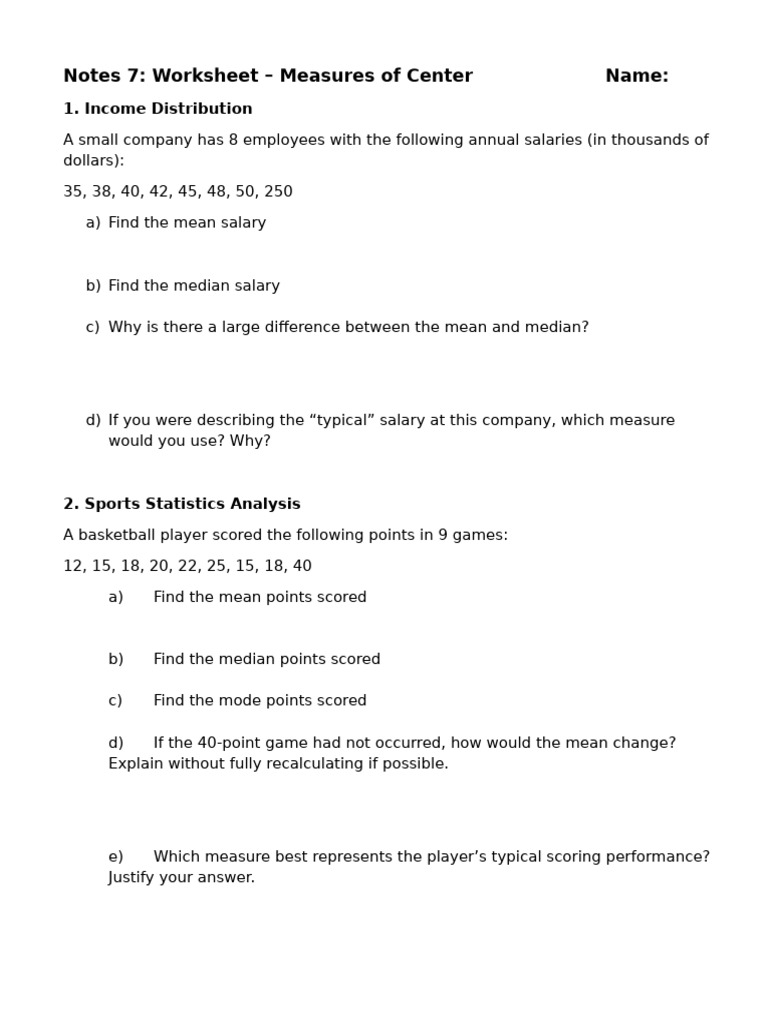 Notes 7 Measures of Center Worksheet | PDF | Median | Mean