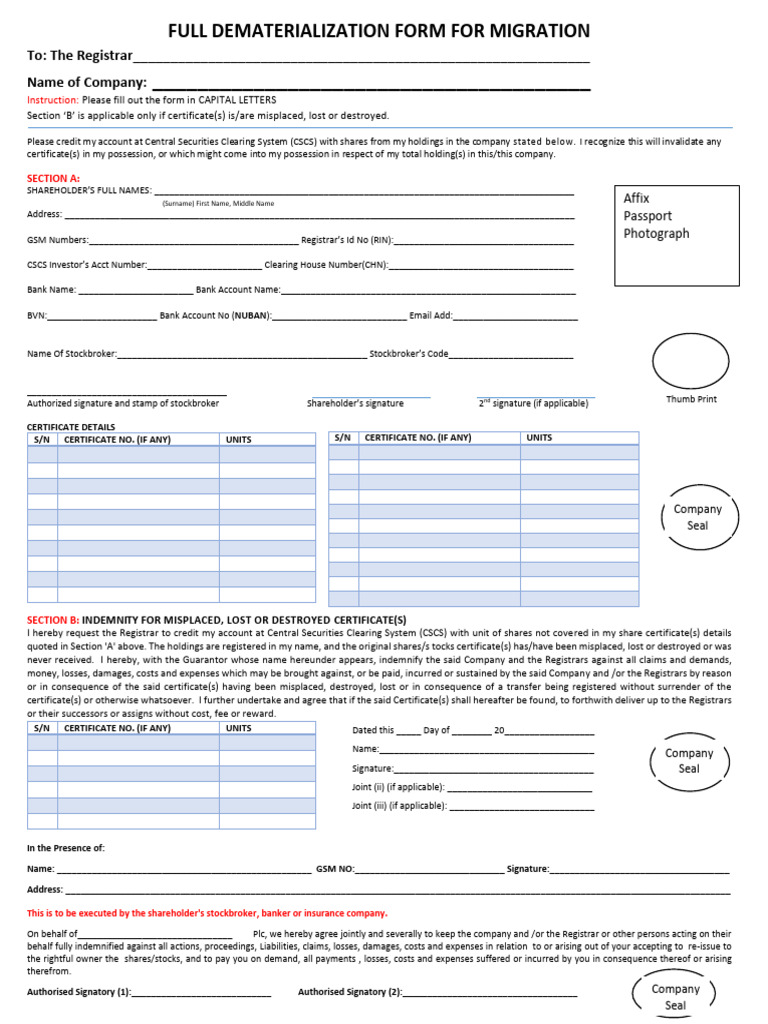 Full Dematerialization Form For Migration | PDF