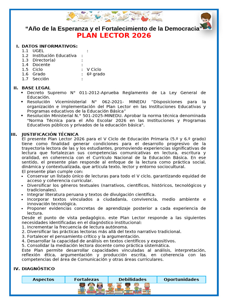 Plan Lector 2026 - 6º Grado | PDF | Educación primaria | Salón de clases