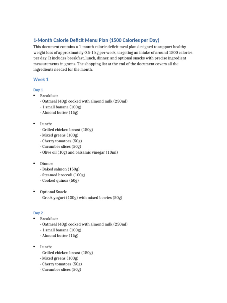 1 Month Calorie Deficit Menu Plan | PDF