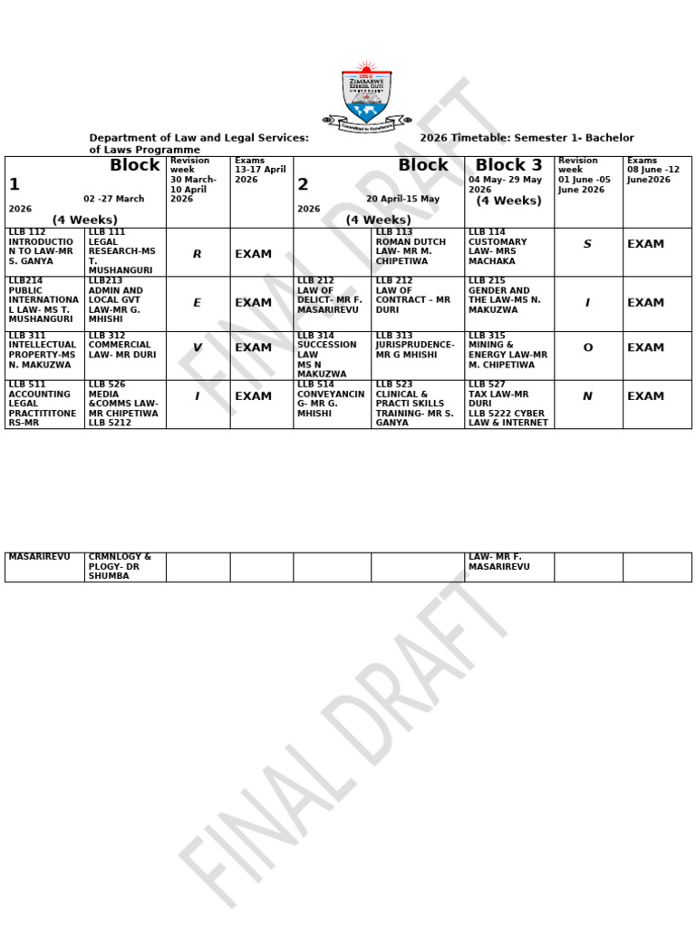 Final Draft Timetable 2026 Sem 1 | PDF | Academia | Educational Stages