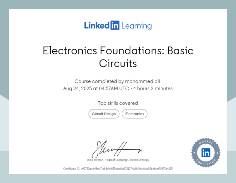 CertificateOfCompletion - Electronics Foundations Basic Circuits-15 | PDF